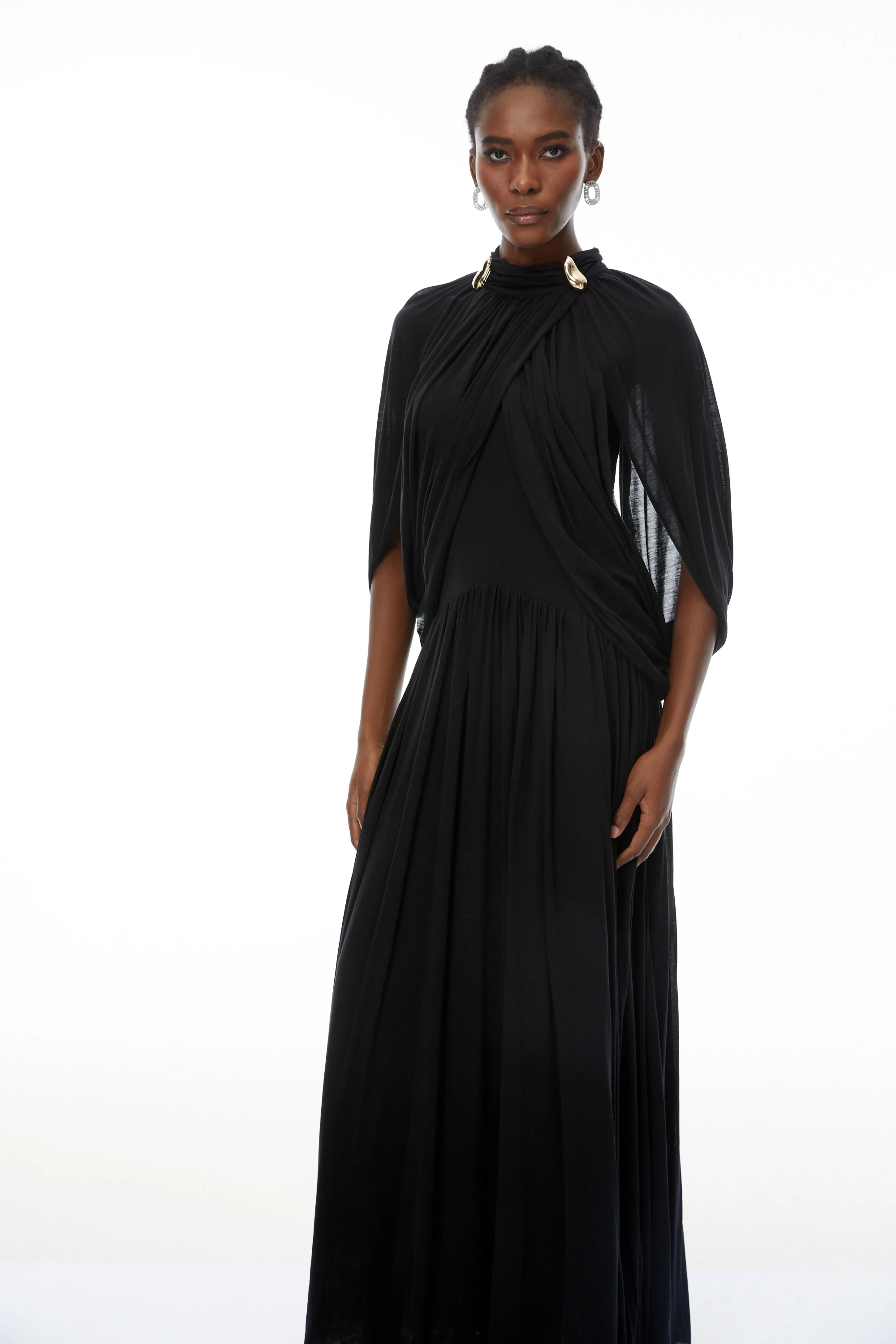 black Cape Sleeve Knit Maxi Dress