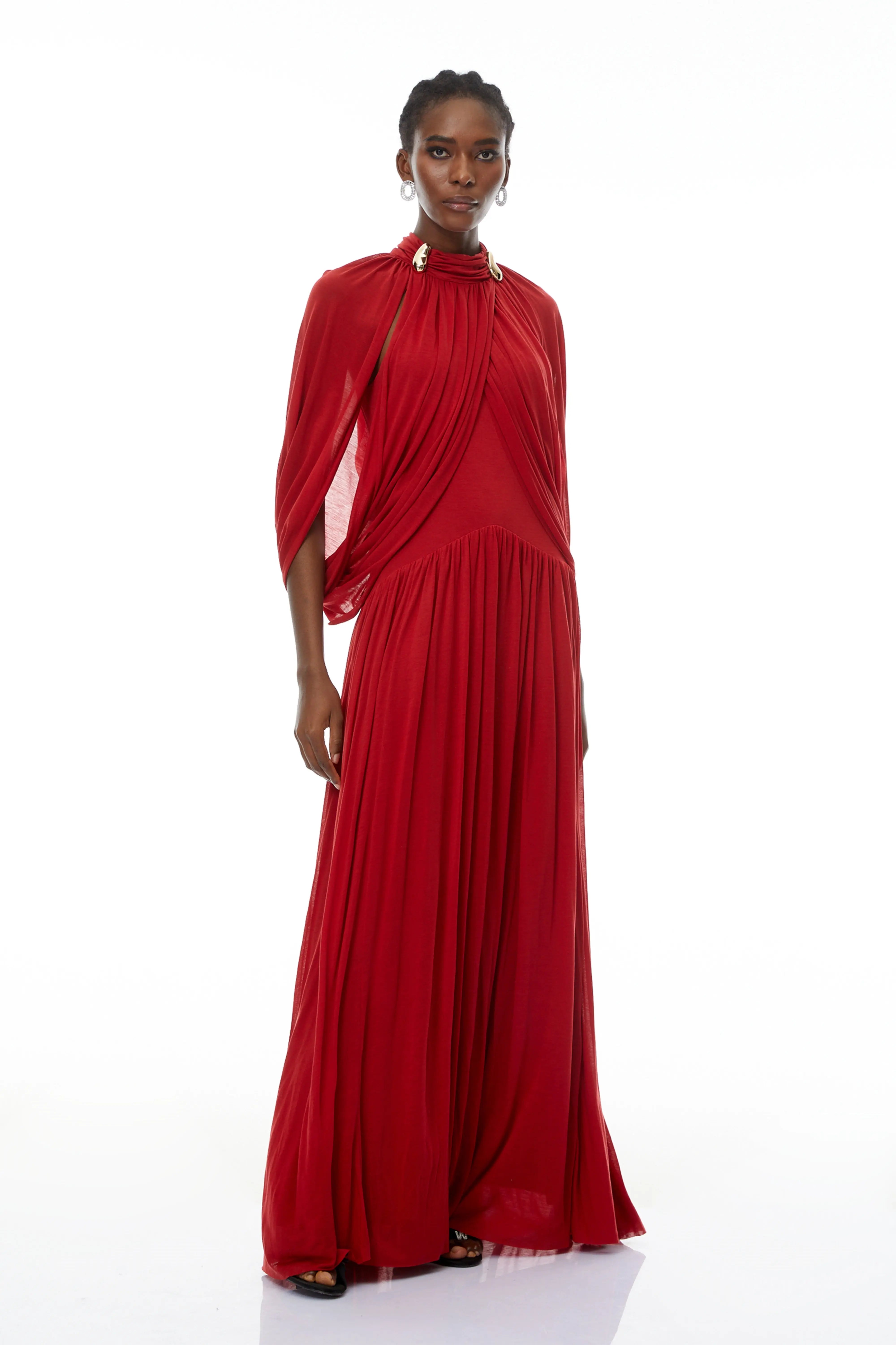 Red Cape Sleeve Knit Maxi Dress