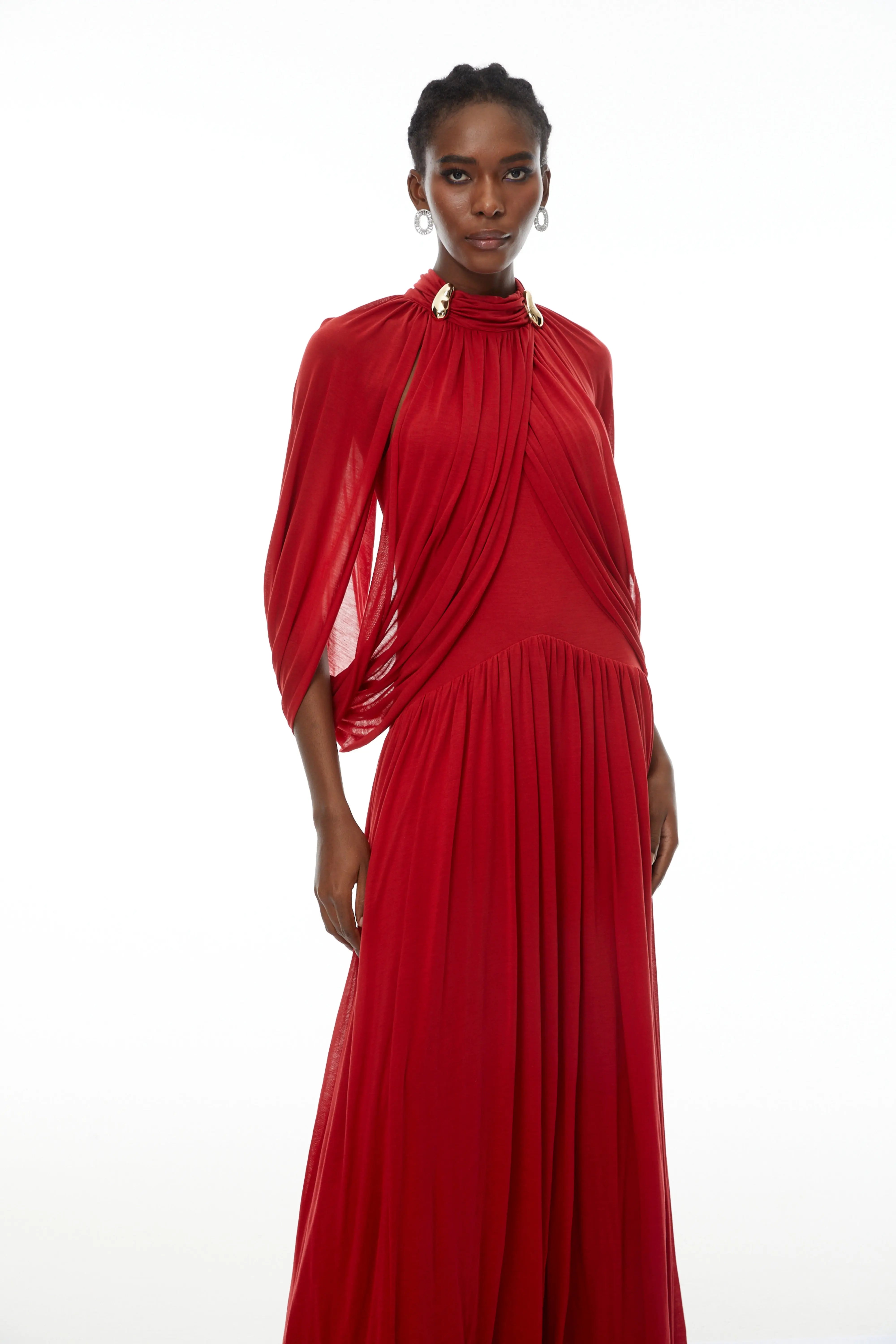Red Cape Sleeve Knit Maxi Dress