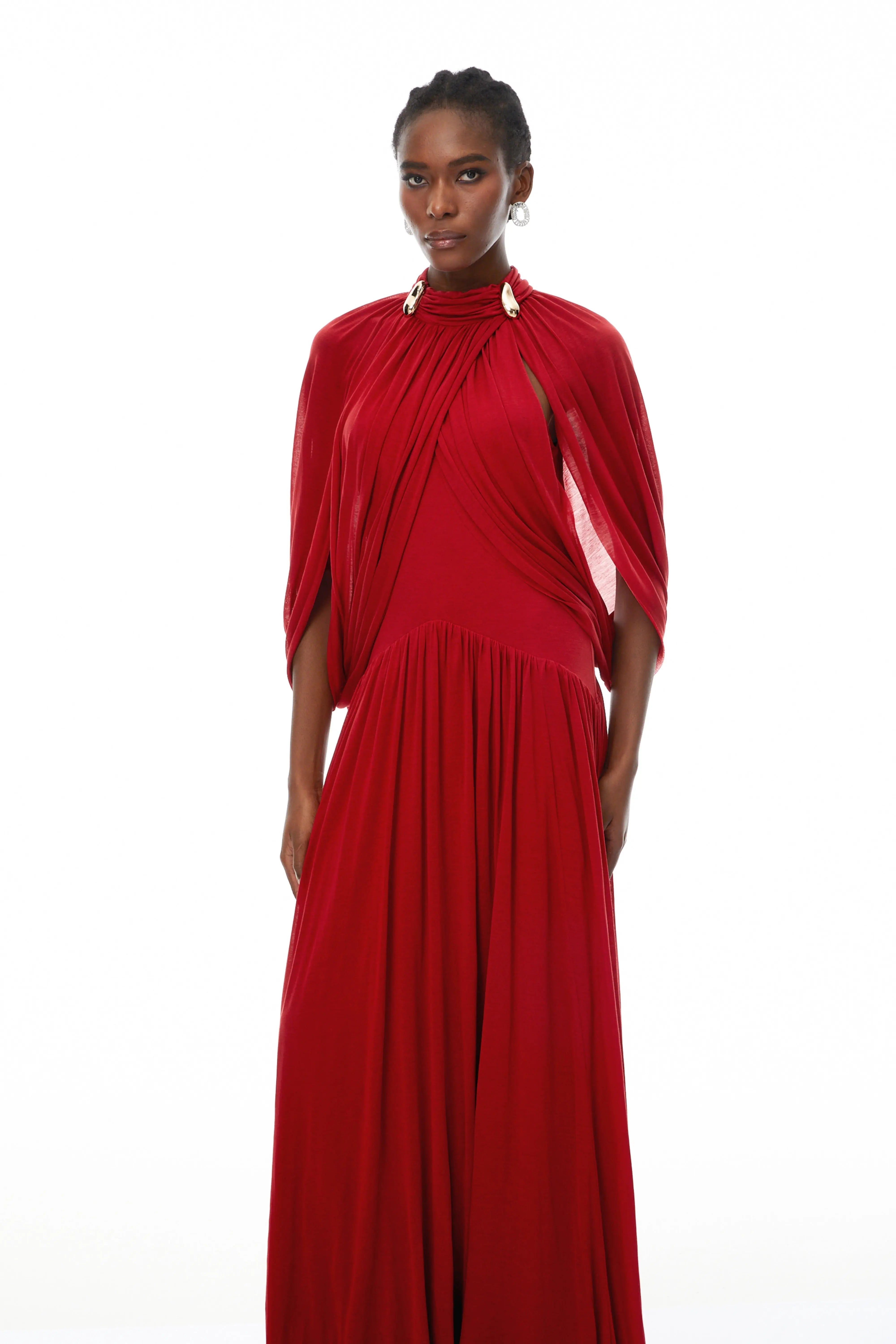 Red Cape Sleeve Knit Maxi Dress