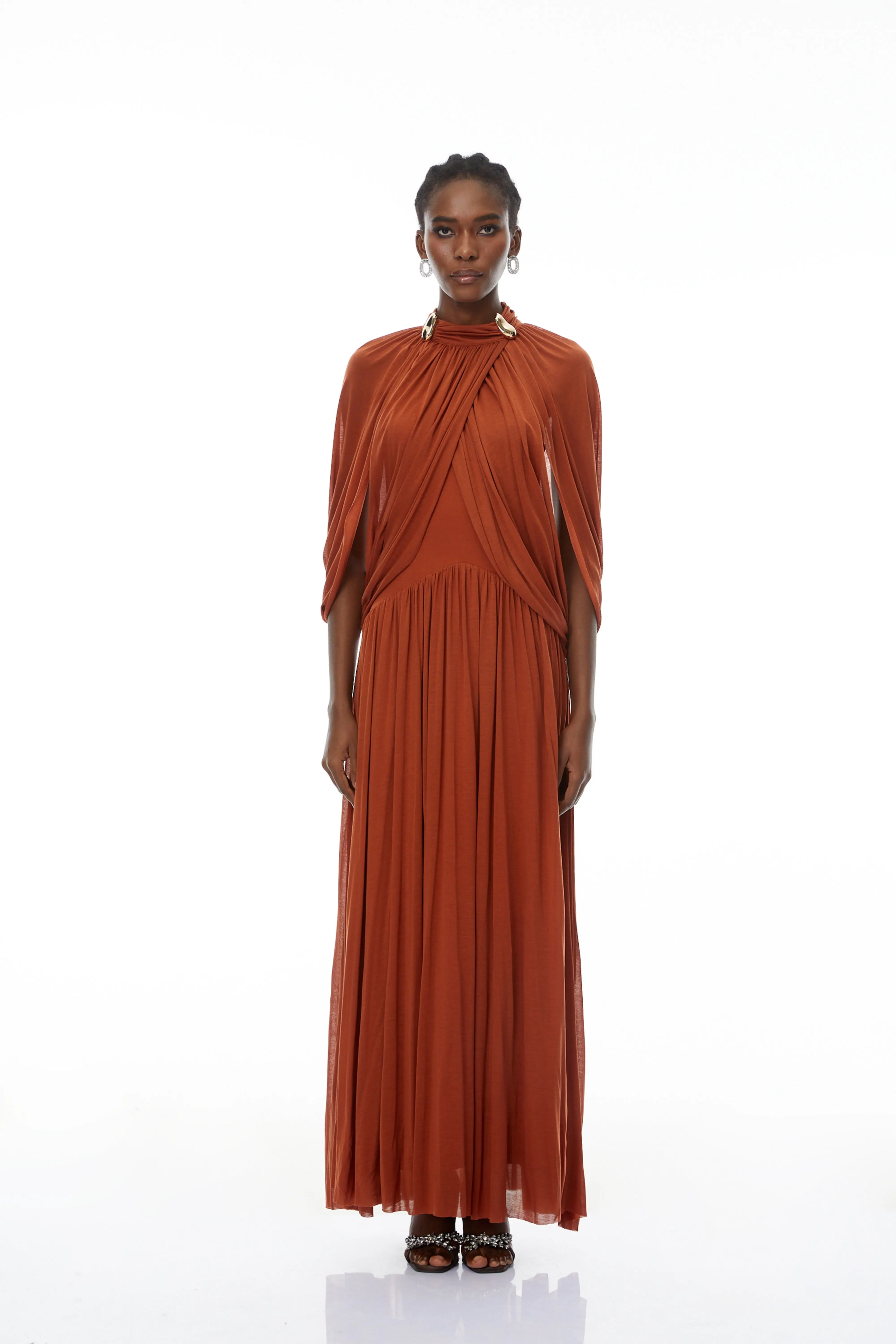 Brown Cape Sleeve Knit Maxi Dress
