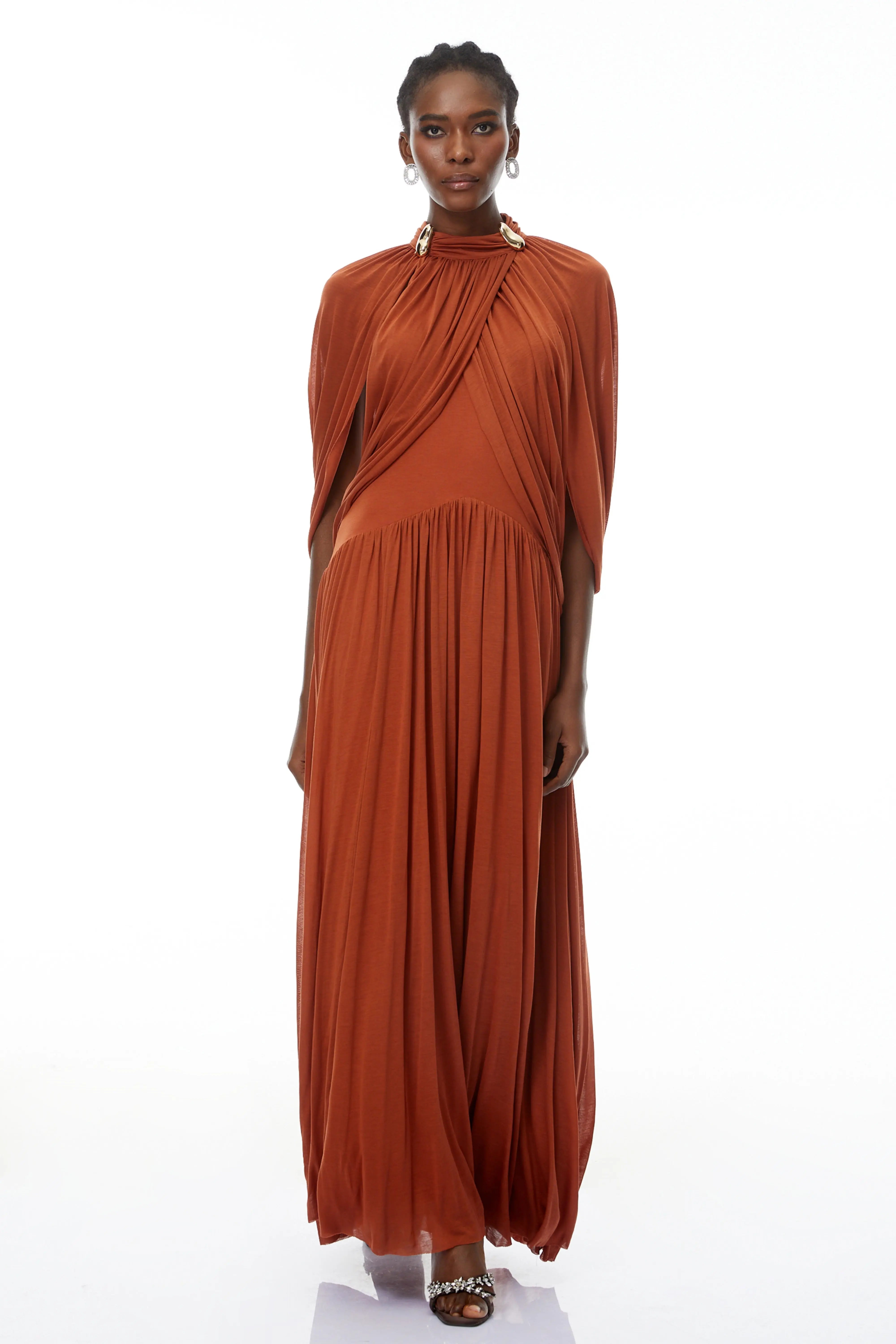 Brown Cape Sleeve Knit Maxi Dress