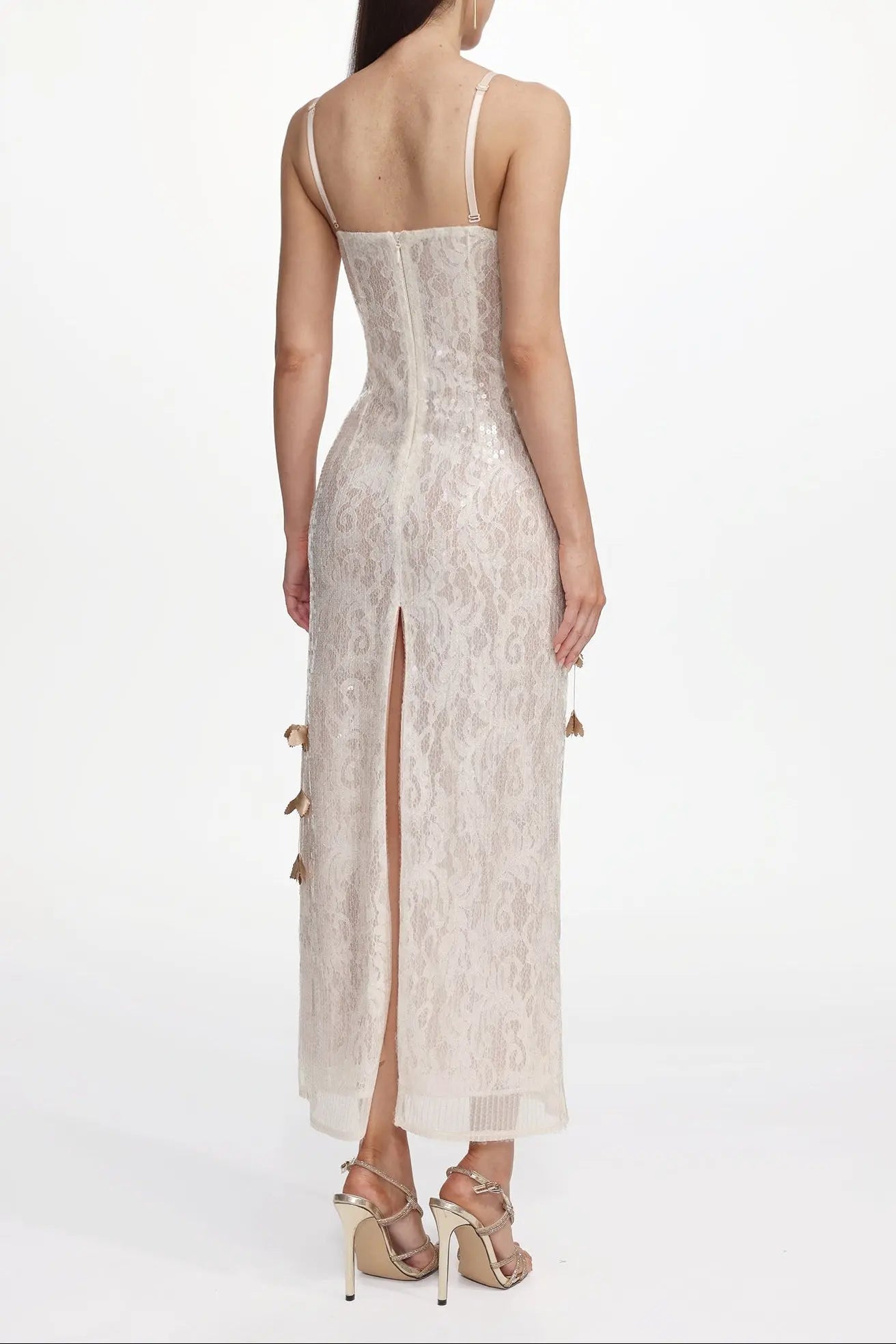 Champagne Embellished Sleeveless Sequin Lace Knit Maxi Dress