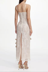 Champagne Embellished Sleeveless Sequin Lace Knit Maxi Dress