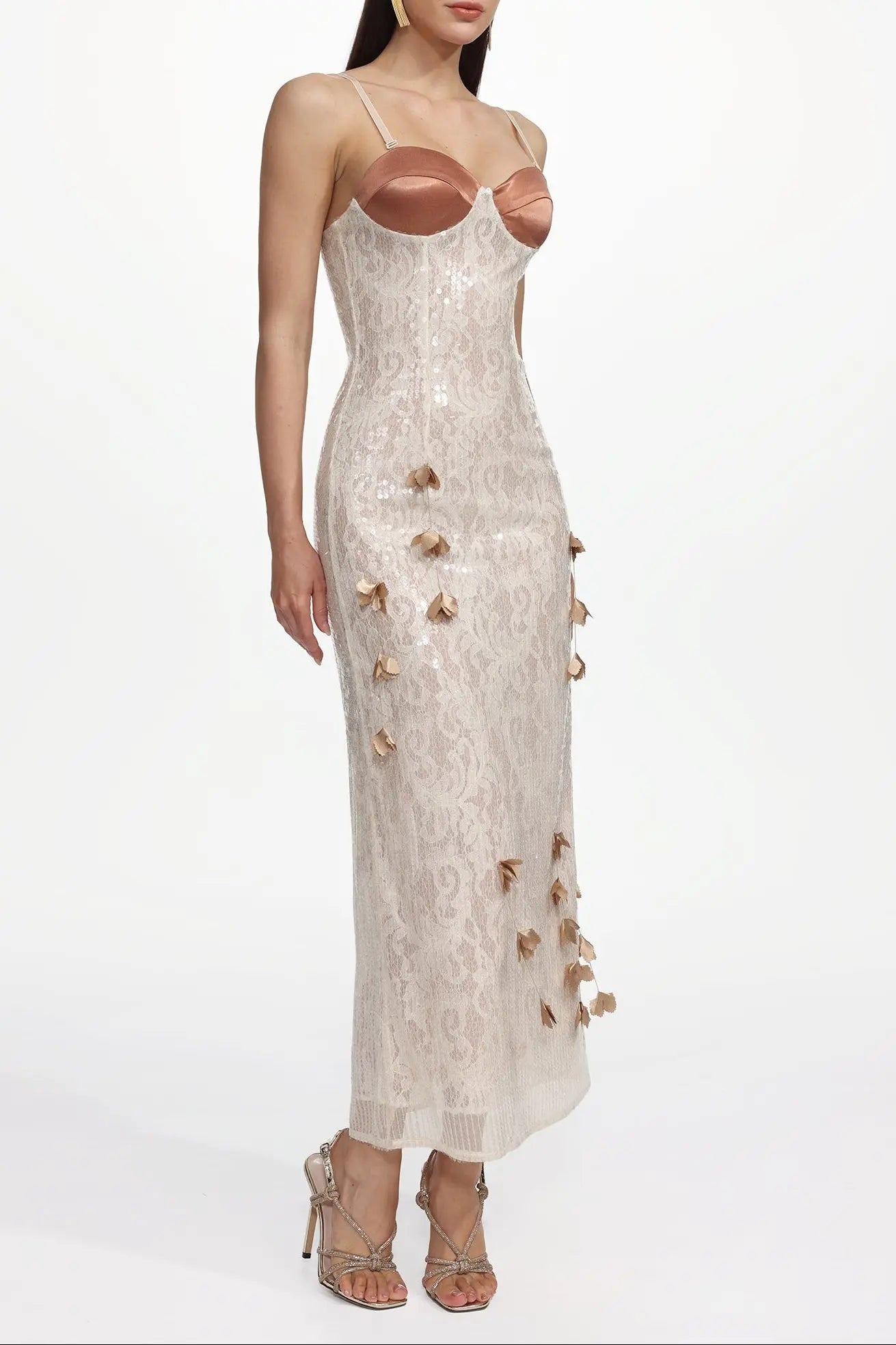 Champagne Embellished Sleeveless Sequin Lace Knit Maxi Dress