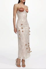 Champagne Embellished Sleeveless Sequin Lace Knit Maxi Dress