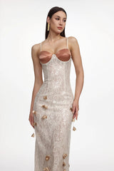 Champagne Embellished Sleeveless Sequin Lace Knit Maxi Dress