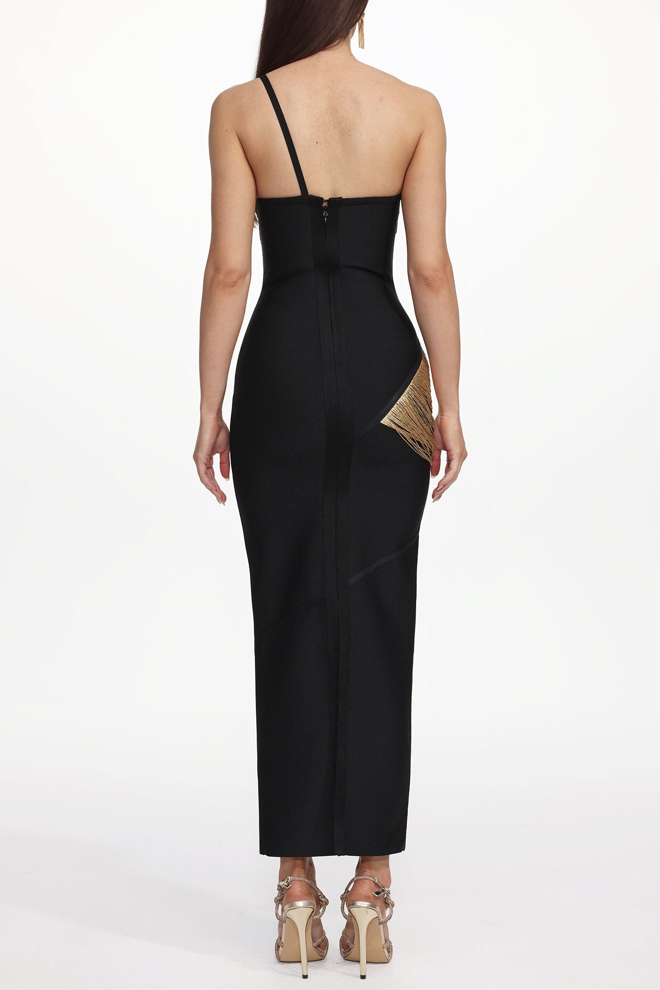 One Shoulder Sleeveless Golden Tassels Bandage Maxi Dress