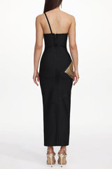 One Shoulder Sleeveless Golden Tassels Bandage Maxi Dress
