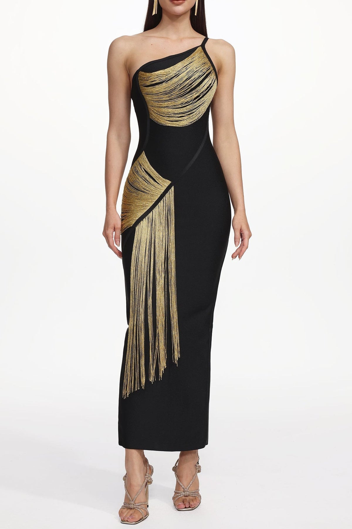 One Shoulder Sleeveless Golden Tassels Bandage Maxi Dress