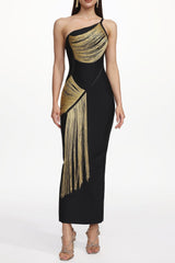One Shoulder Sleeveless Golden Tassels Bandage Maxi Dress
