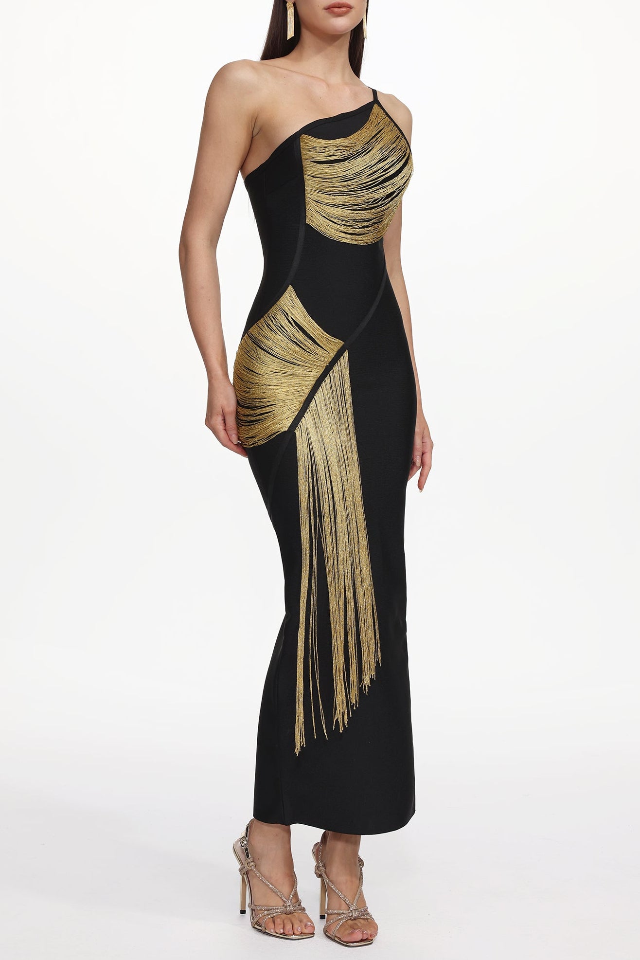 One Shoulder Sleeveless Golden Tassels Bandage Maxi Dress
