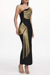 One Shoulder Sleeveless Golden Tassels Bandage Maxi Dress