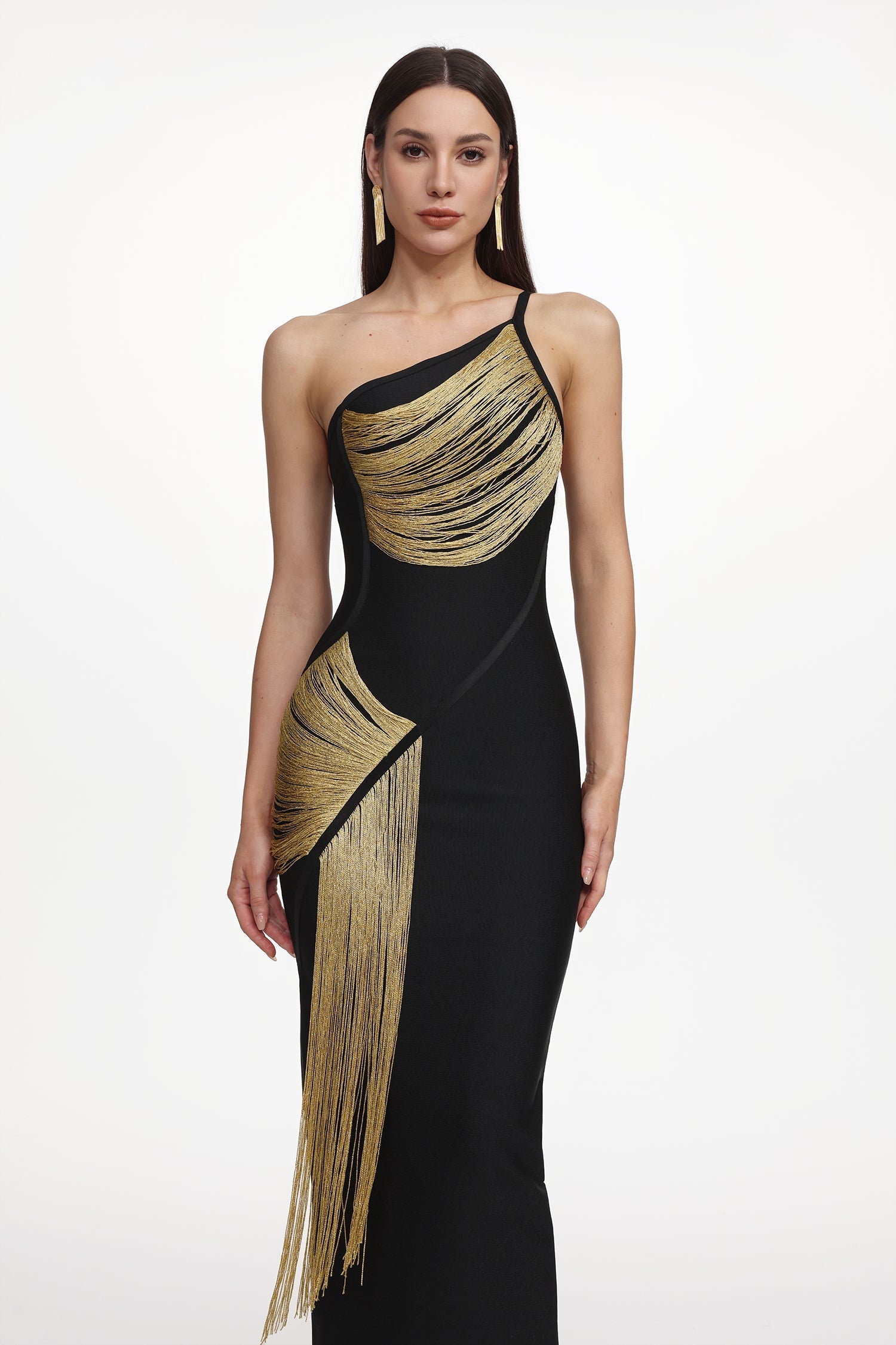 One Shoulder Sleeveless Golden Tassels Bandage Maxi Dress