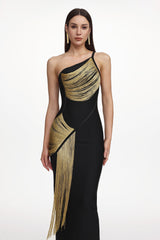 One Shoulder Sleeveless Golden Tassels Bandage Maxi Dress