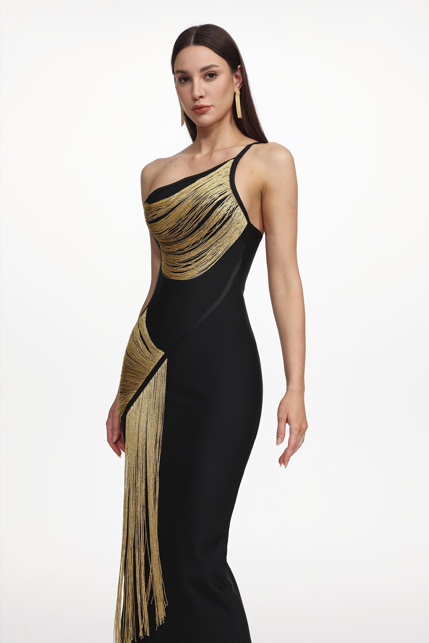 One Shoulder Sleeveless Golden Tassels Bandage Maxi Dress