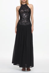 Halter Ruched Mesh Sequin Maxi Dress
