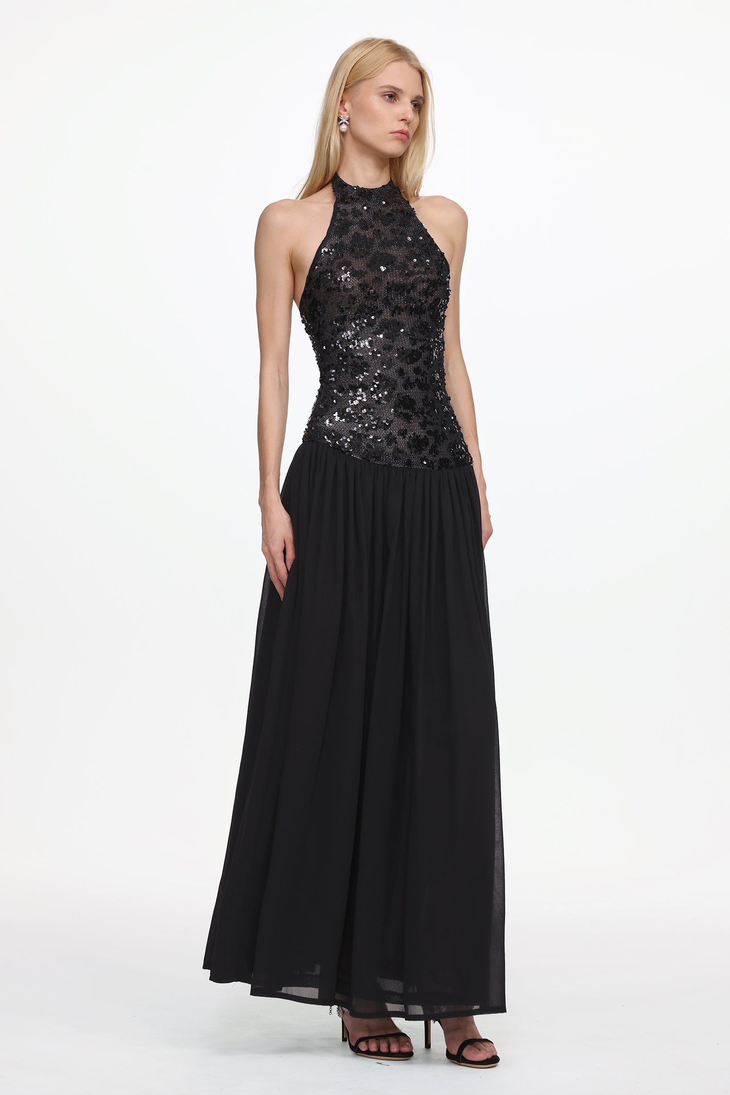 Halter Ruched Mesh Sequin Maxi Dress