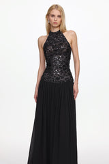 Halter Ruched Mesh Sequin Maxi Dress