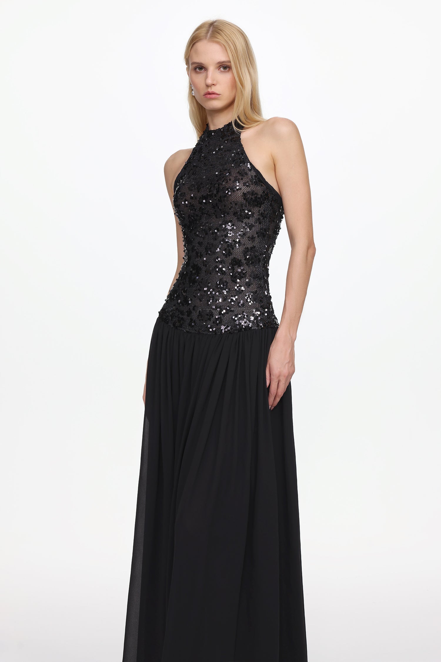 Halter Ruched Mesh Sequin Maxi Dress