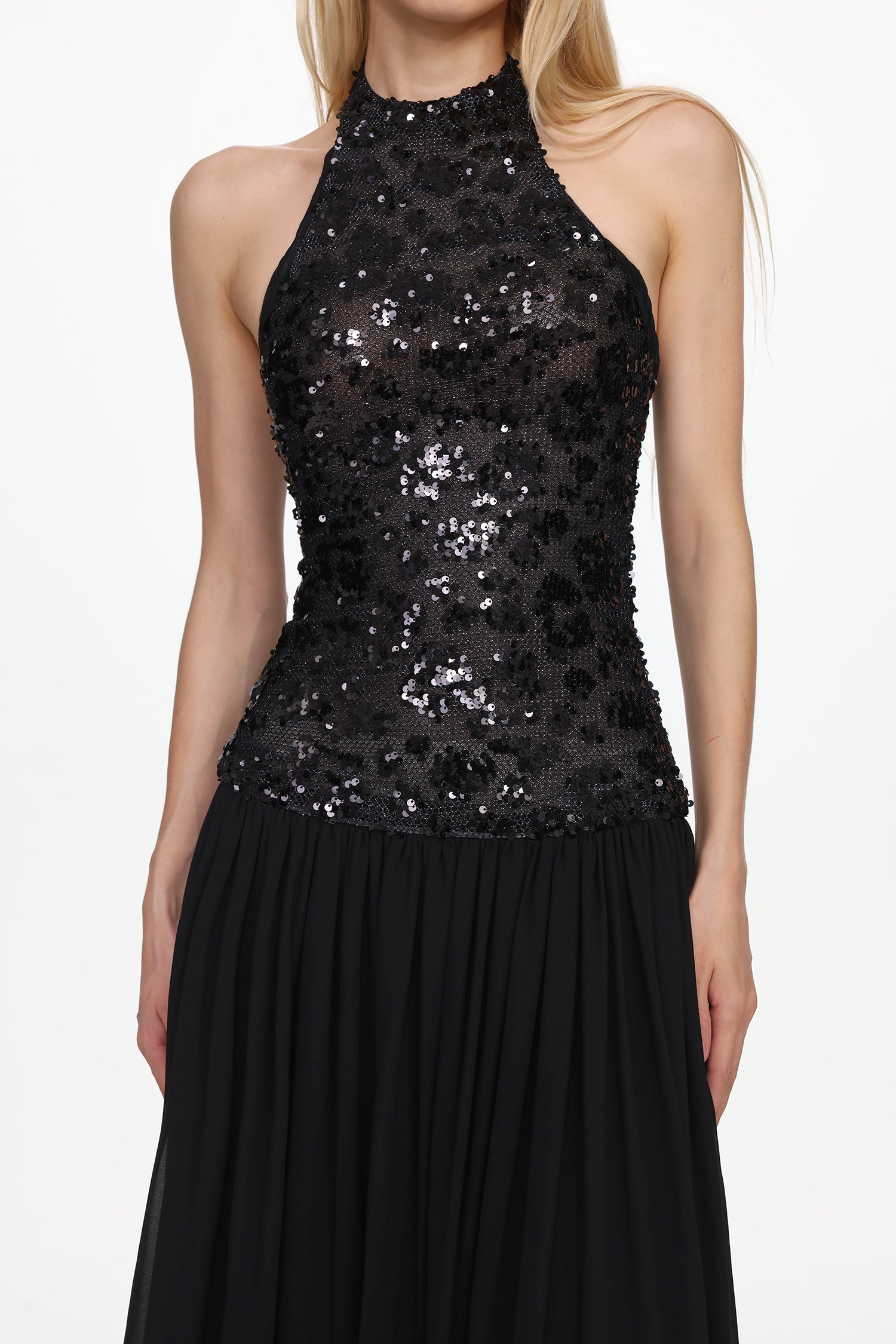 Halter Ruched Mesh Sequin Maxi Dress