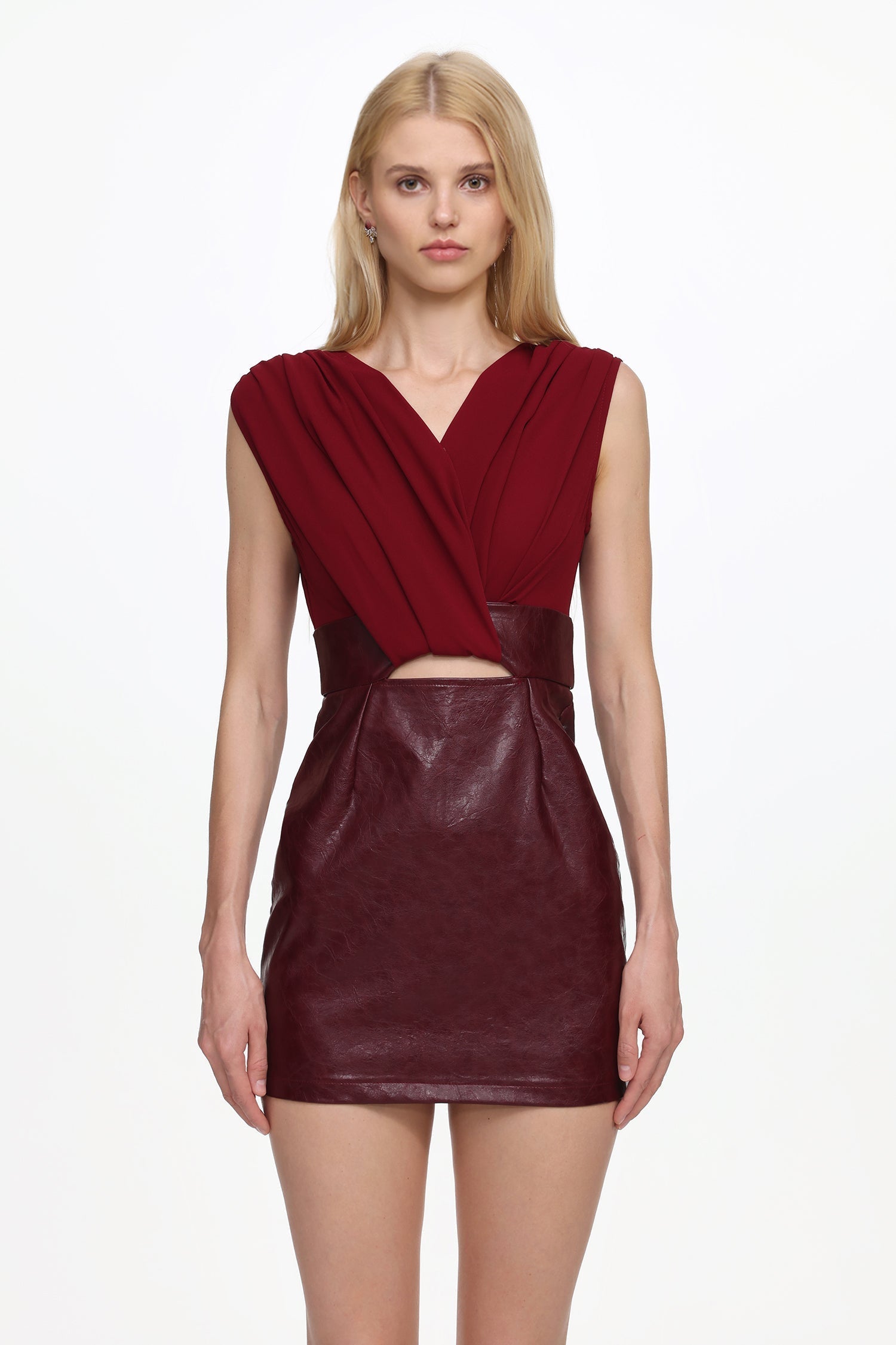 V Neck Ruched Faux Leather Mini Dress