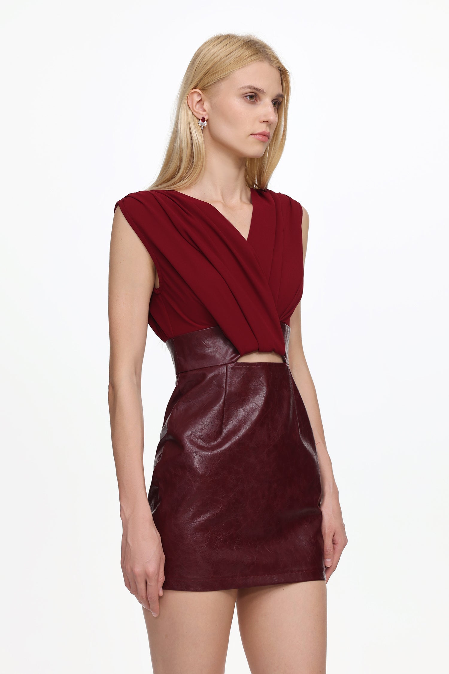 V Neck Ruched Faux Leather Mini Dress