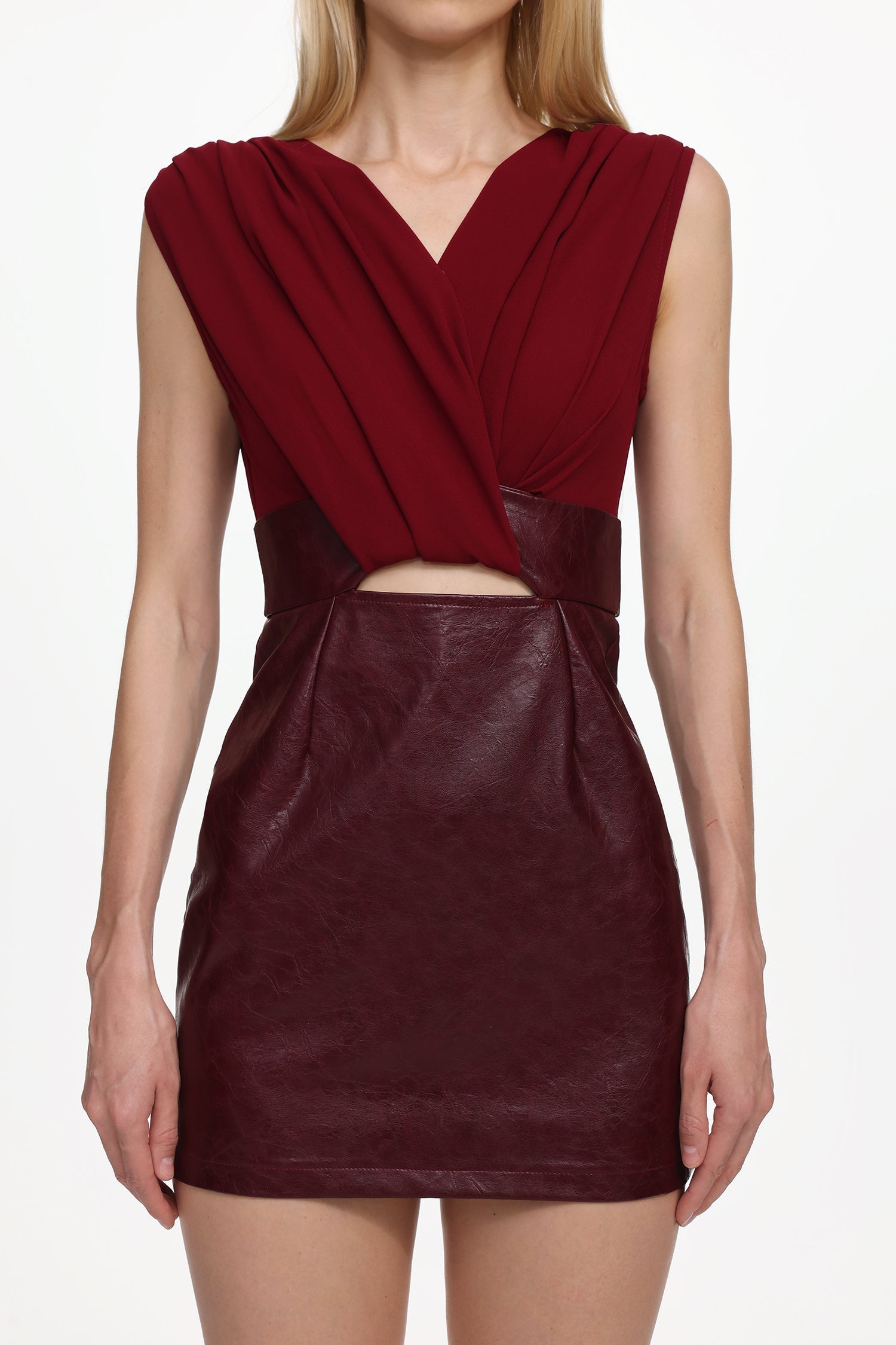 V Neck Ruched Faux Leather Mini Dress