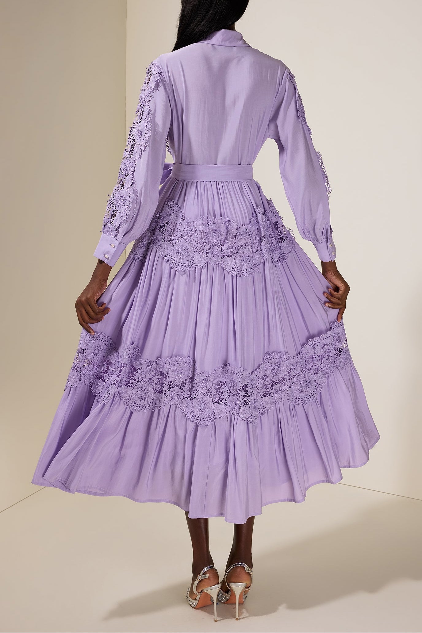 Splicing Flapped Lace hollow Midi Dress in purple
