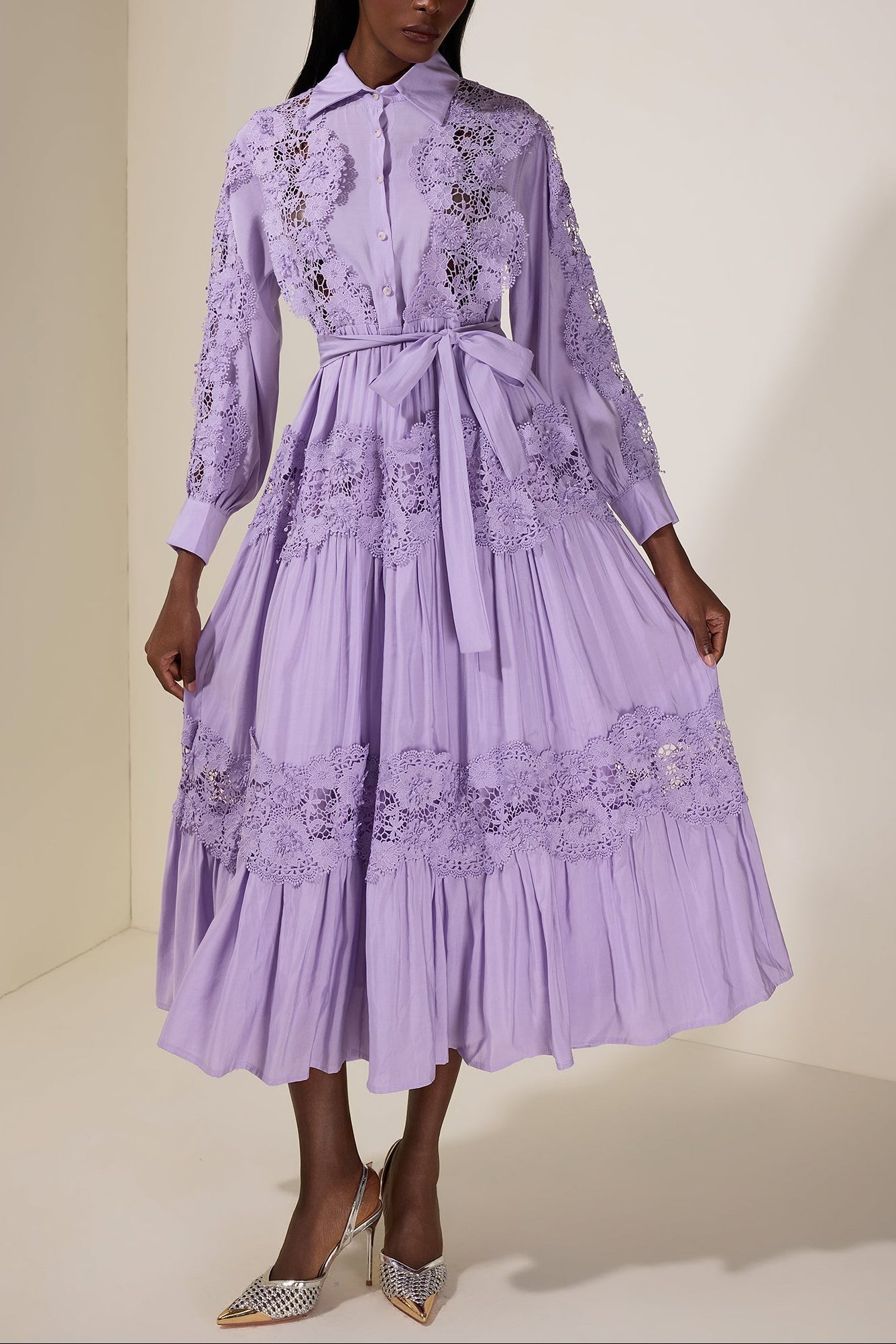Splicing Flapped Lace hollow Midi Dress in purple