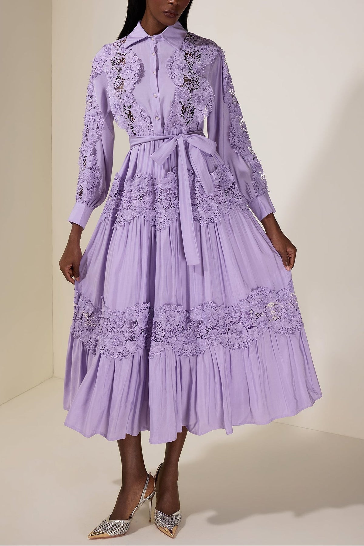 Splicing Flapped Lace hollow Midi Dress in purple