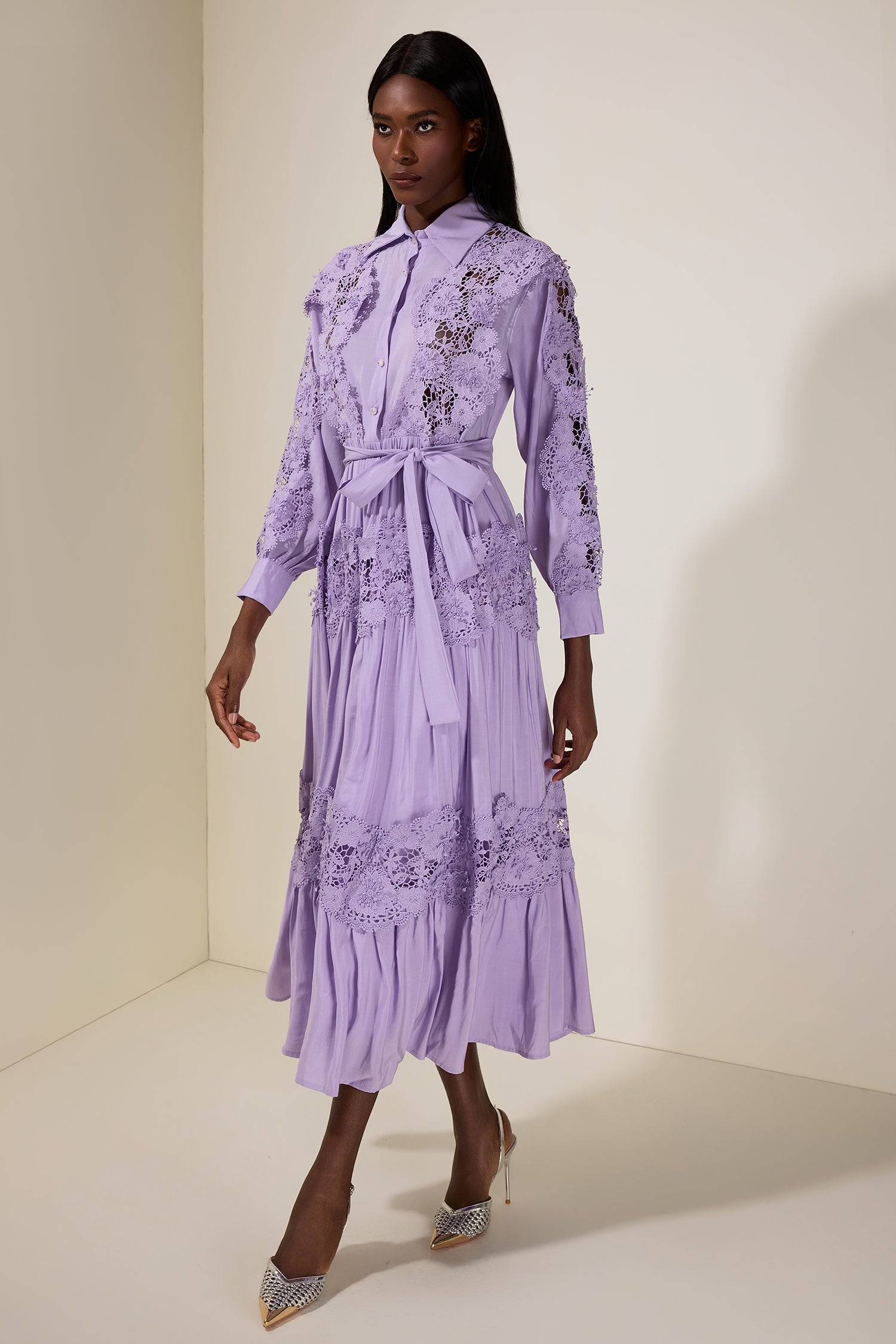 Splicing Flapped Lace hollow Midi Dress in purple