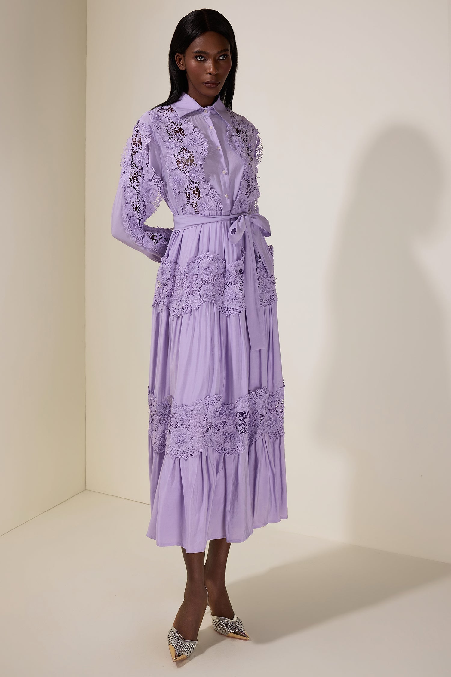 Splicing Flapped Lace hollow Midi Dress in purple