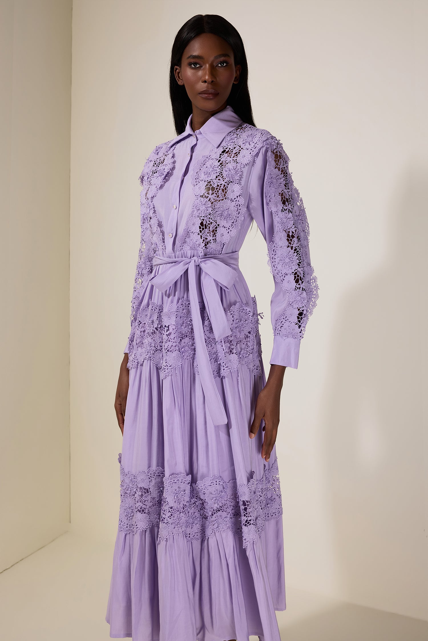 Splicing Flapped Lace hollow Midi Dress in purple