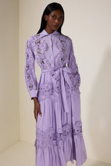 Splicing Flapped Lace hollow Midi Dress in purple