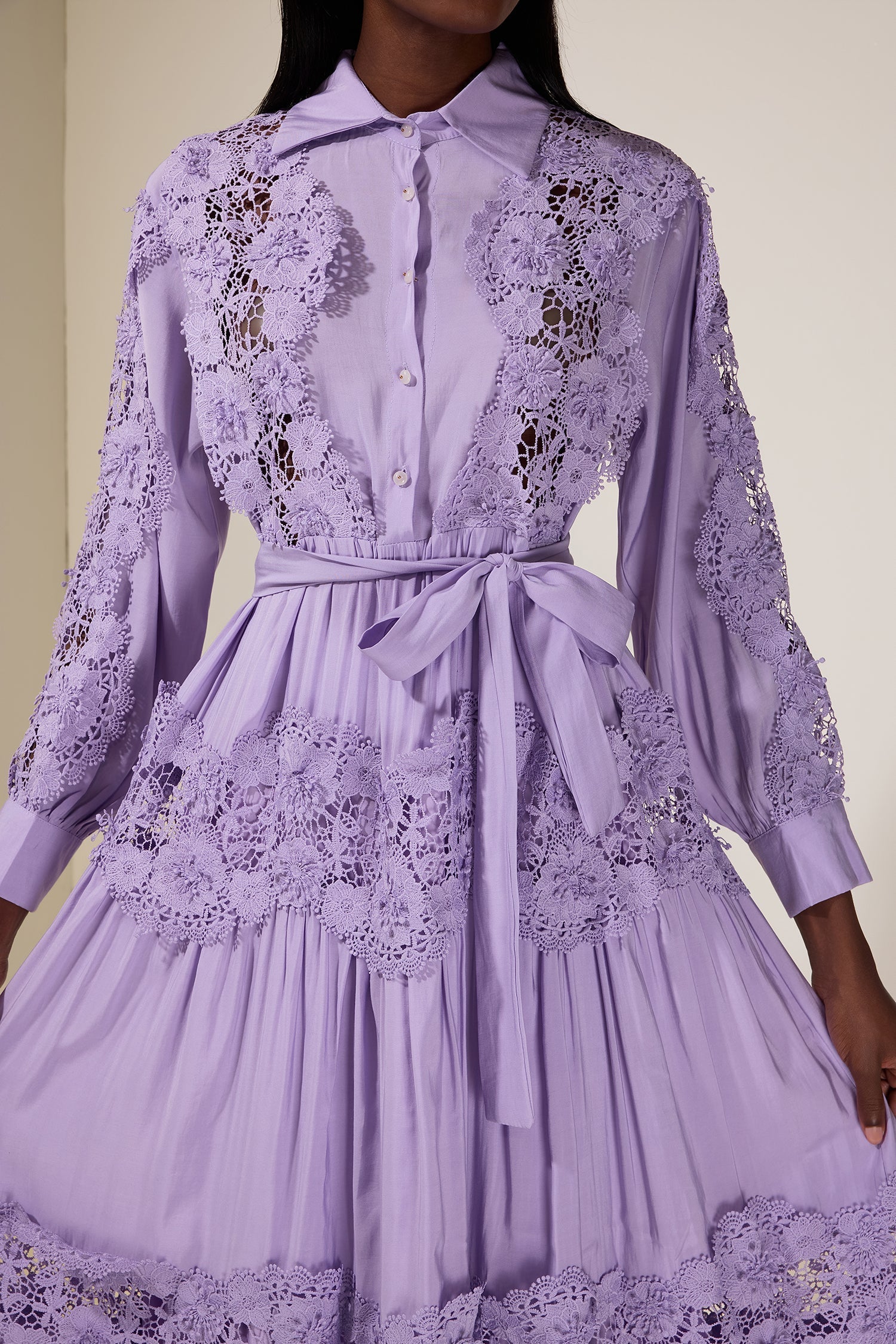 Splicing Flapped Lace hollow Midi Dress in purple