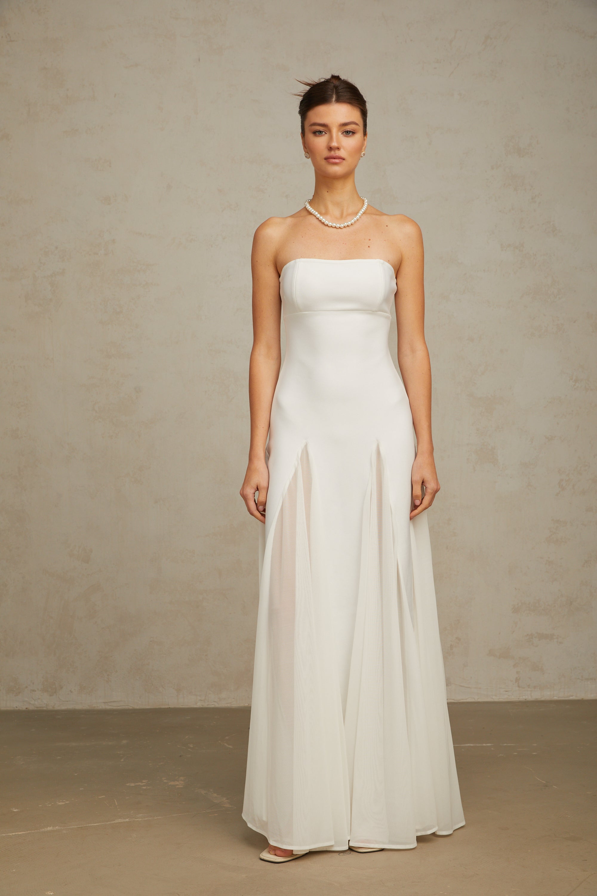 White Tulle-Panelling Maxi Dress