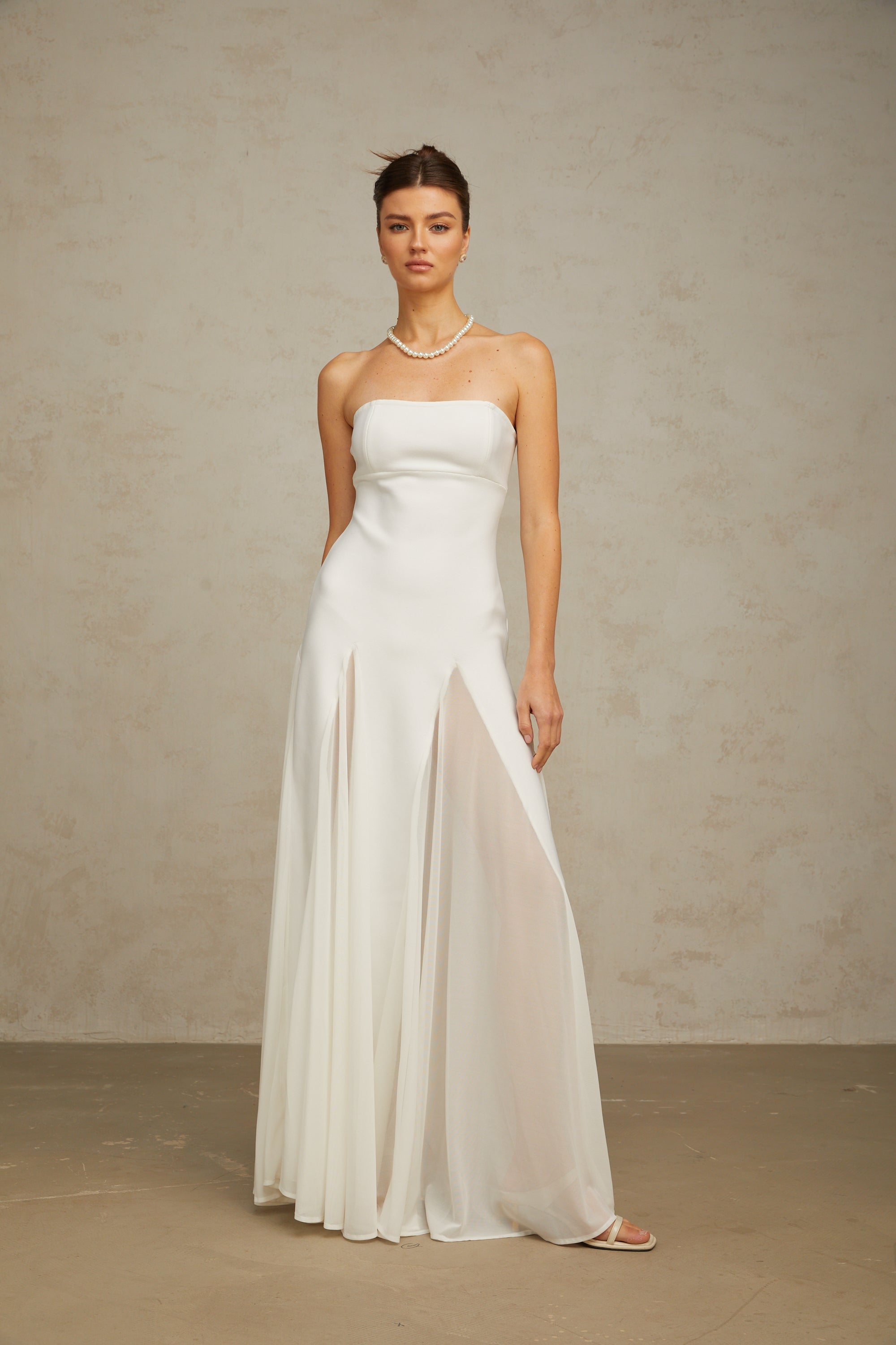 White Tulle-Panelling Maxi Dress