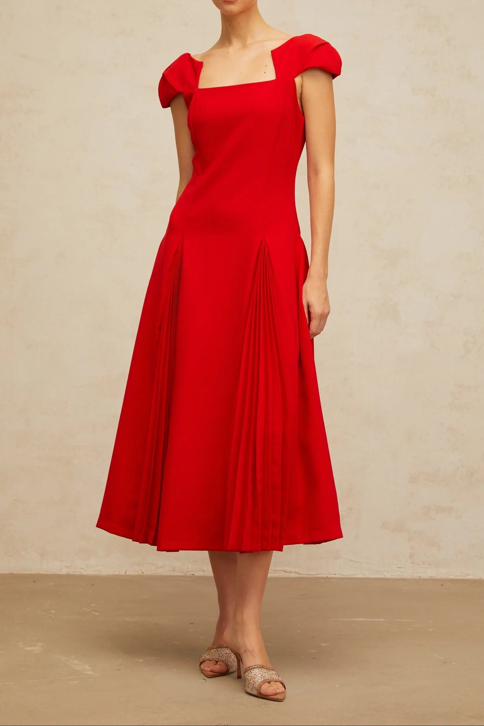 Sequin Red Pleated-Detail Midi Dress