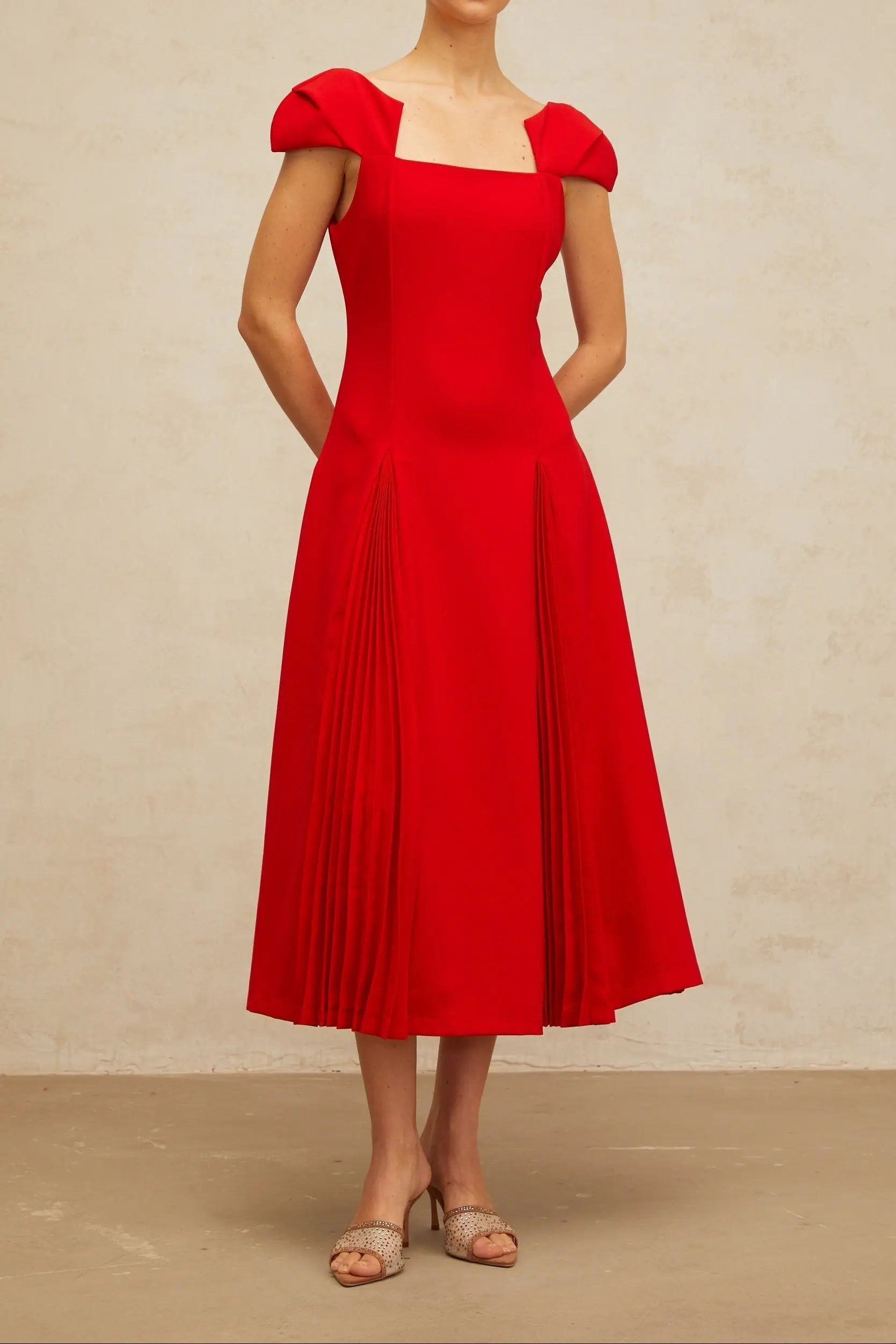 Sequin Red Pleated-Detail Midi Dress