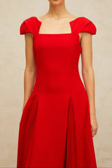 Sequin Red Pleated-Detail Midi Dress