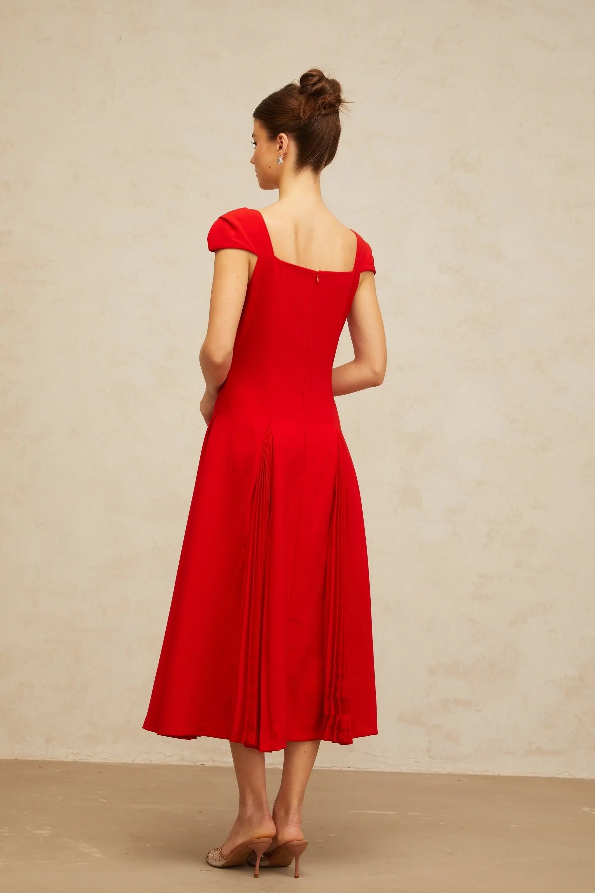 Sequin Red Pleated-Detail Midi Dress