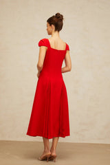 Sequin Red Pleated-Detail Midi Dress