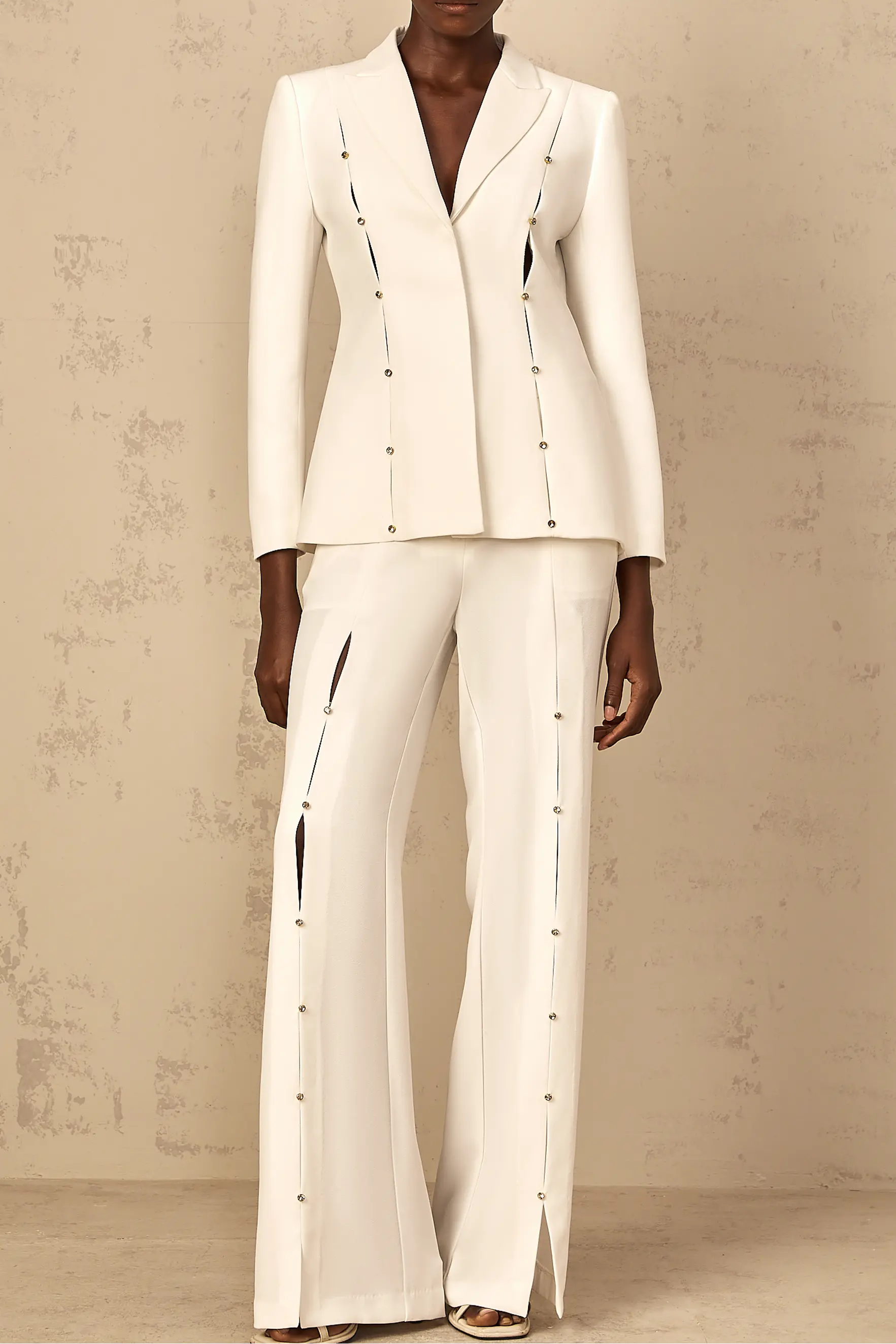 Diamond Hollow Out Blazer Set in White