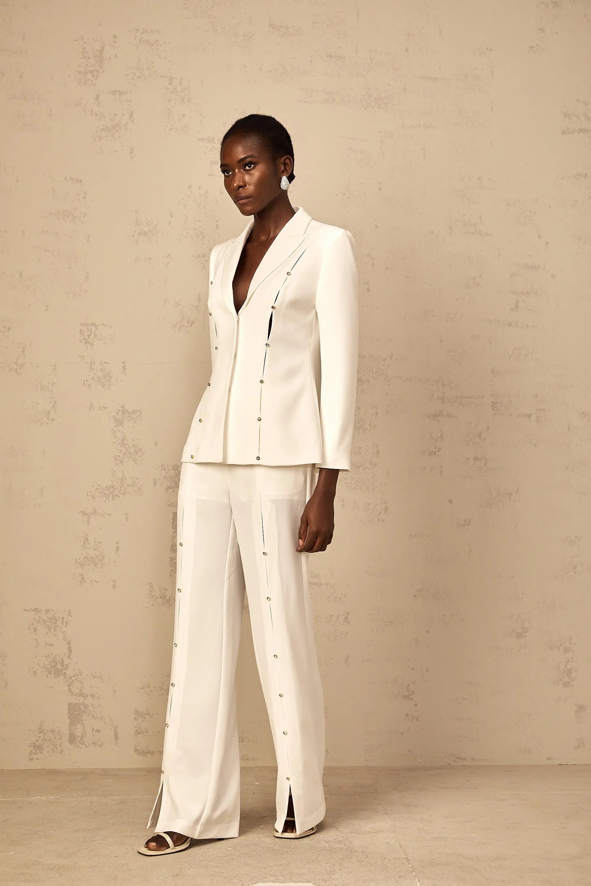 Diamond Hollow Out Blazer Set in White