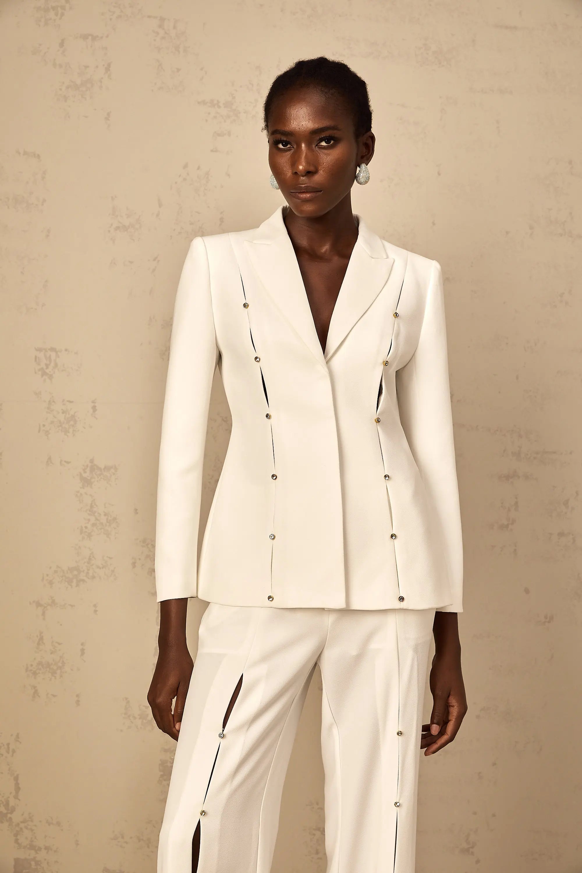 Diamond Hollow Out Blazer Set in White