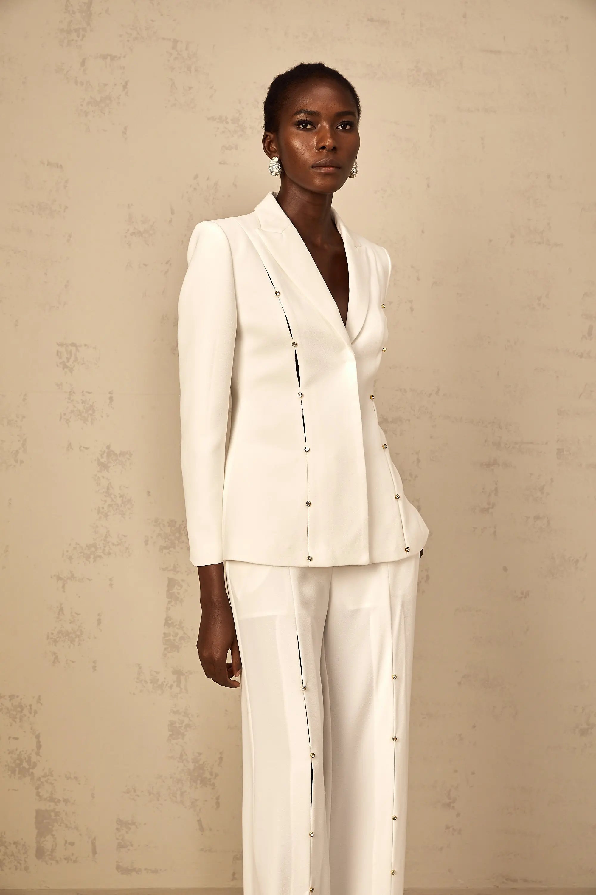 Diamond Hollow Out Blazer Set in White
