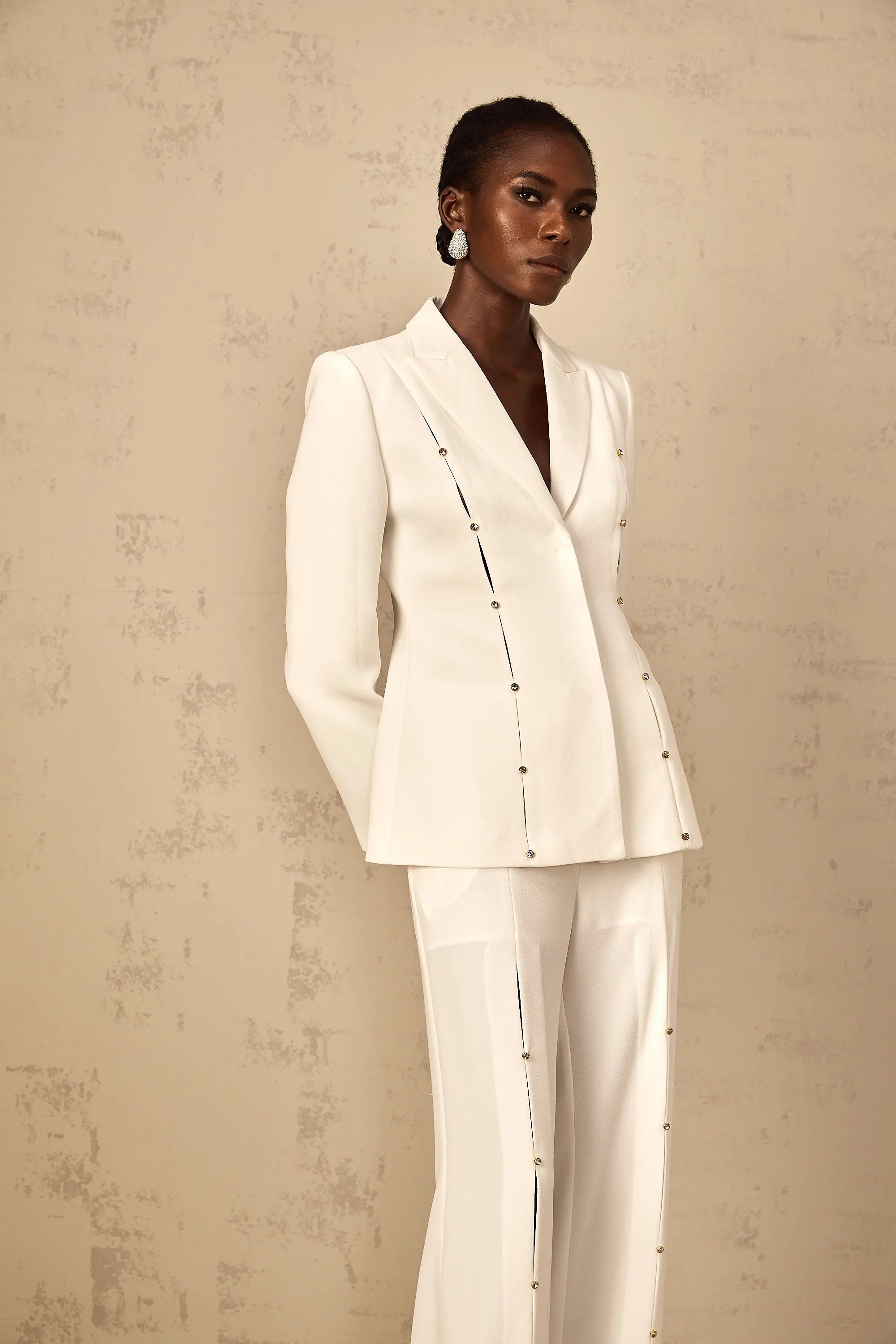 Diamond Hollow Out Blazer Set in White