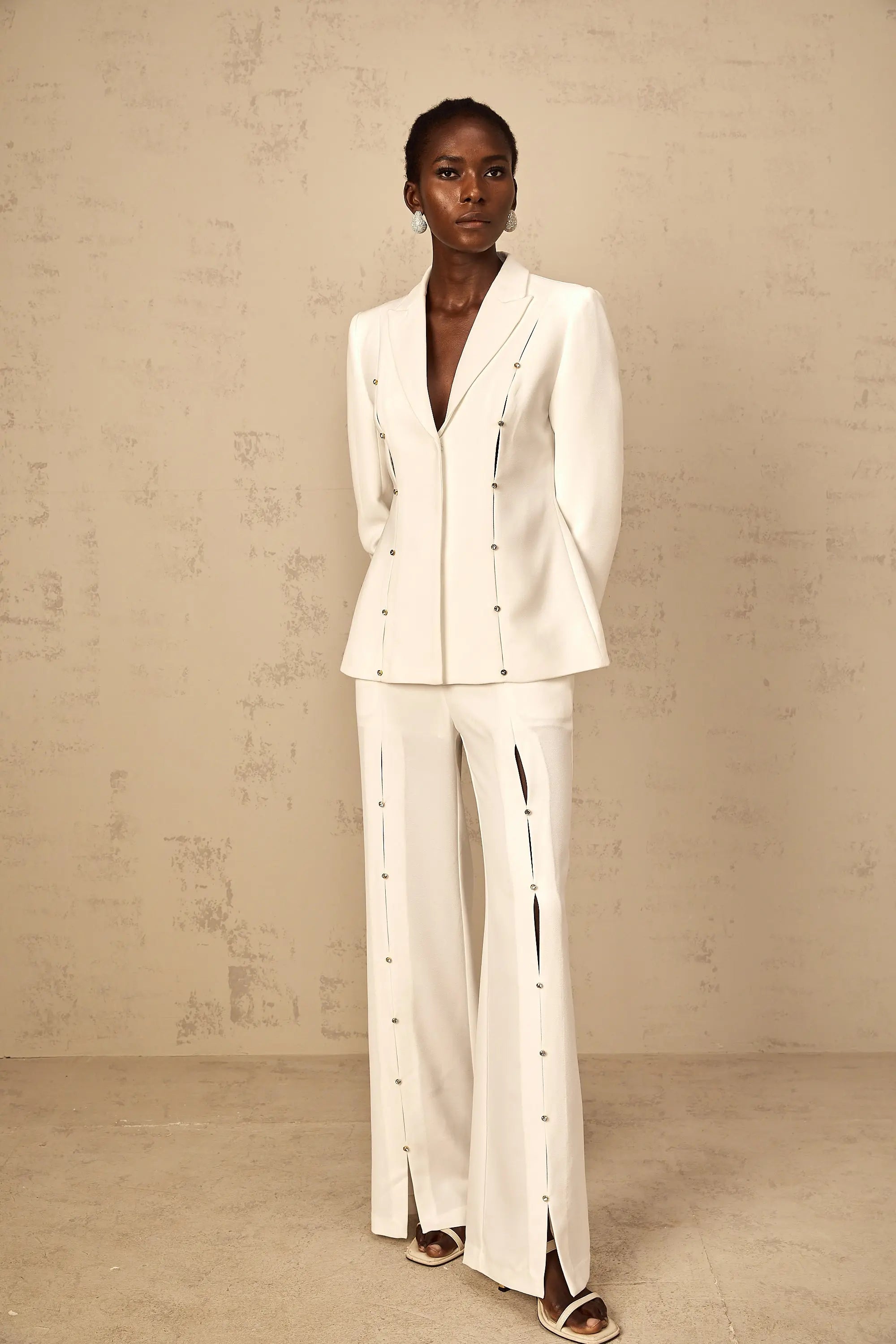 Diamond Hollow Out Blazer Set in White