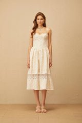 Neutral Lace Trim Floral Midi Dress in White